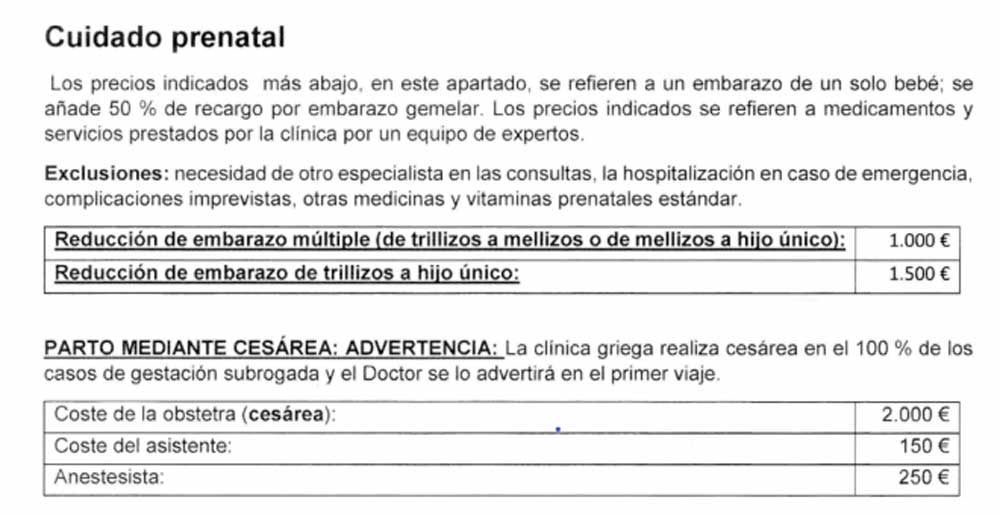 Captura de pantalla de "los conceptos y precios ocasionales" de una agencia de "gestación subrogada".